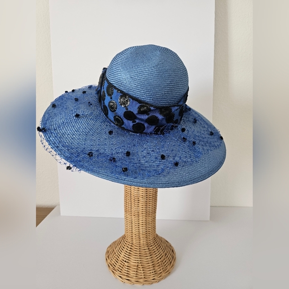 Joe Bill Miller Vintage Deadstock Blue Polka Dot Straw Round Wide Brim Straw Hat - Picture 1 of 6
